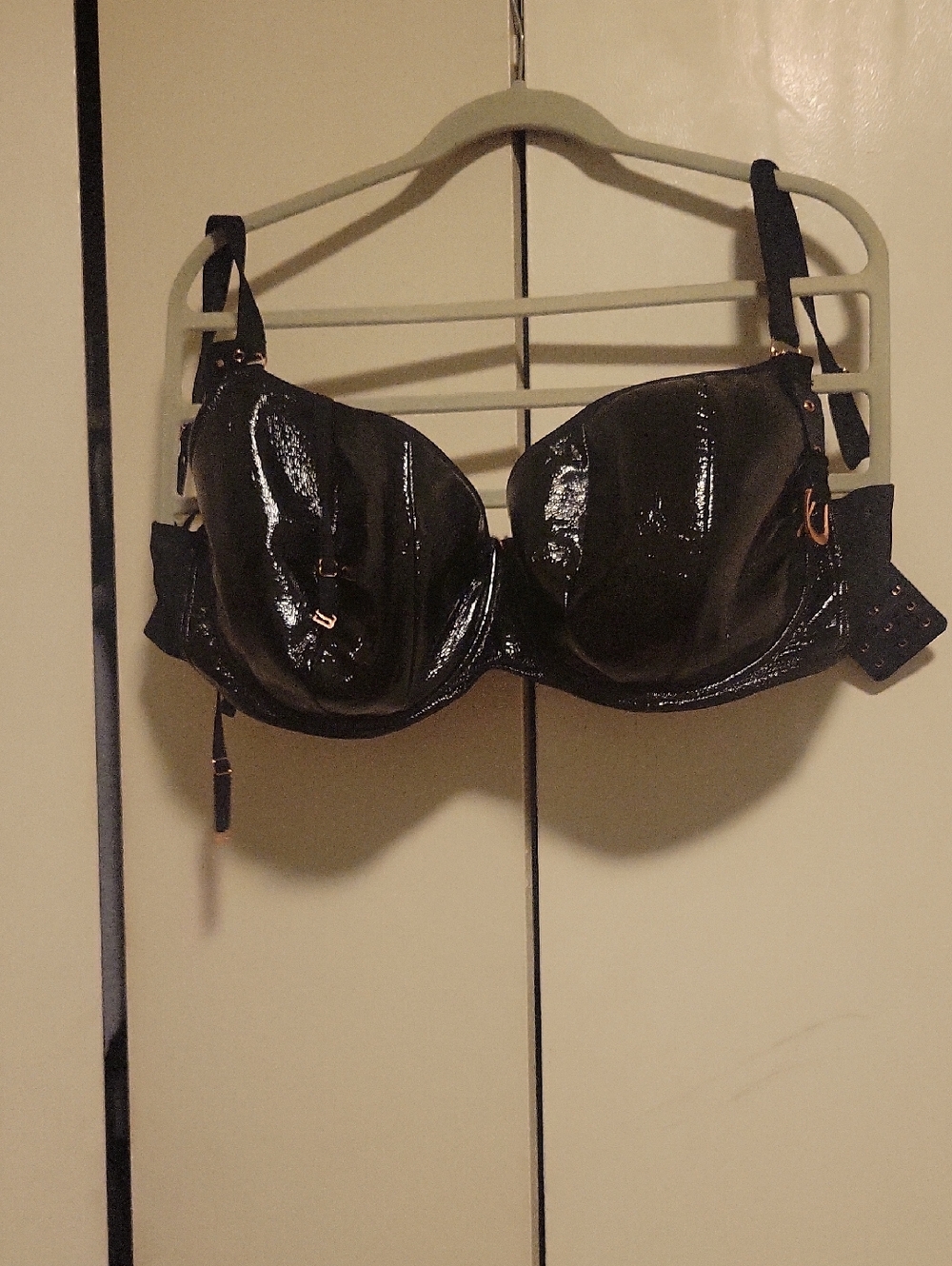 Black Patent Push-Up Bra with Strappy Details